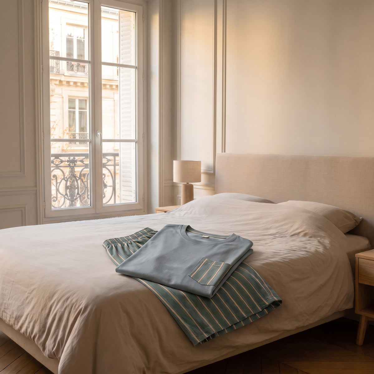 Pyjashort homme bleu gris à rayures plié au pied du lit