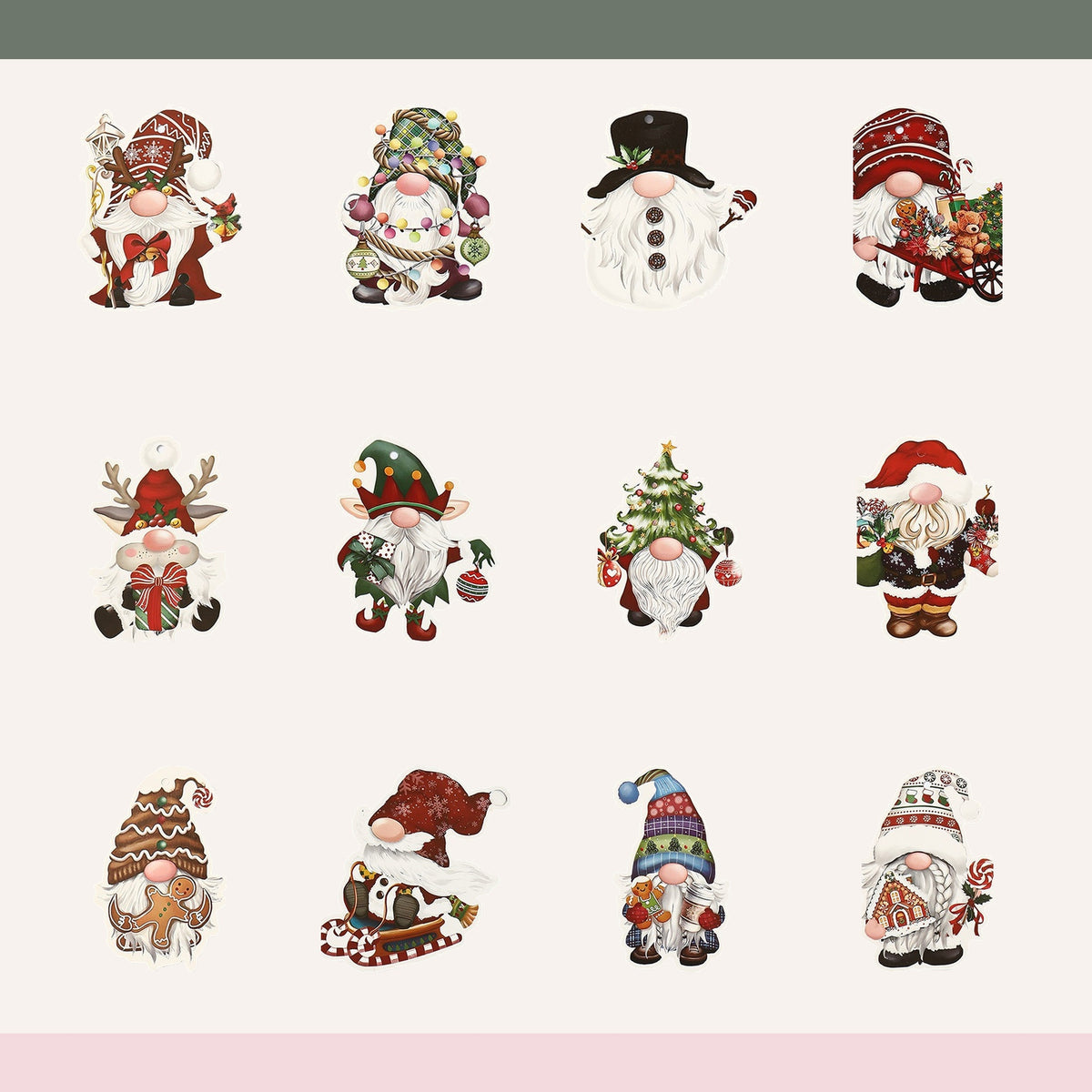 Les 12 motifs de l’assortiment Gnomes variés présentés à plat