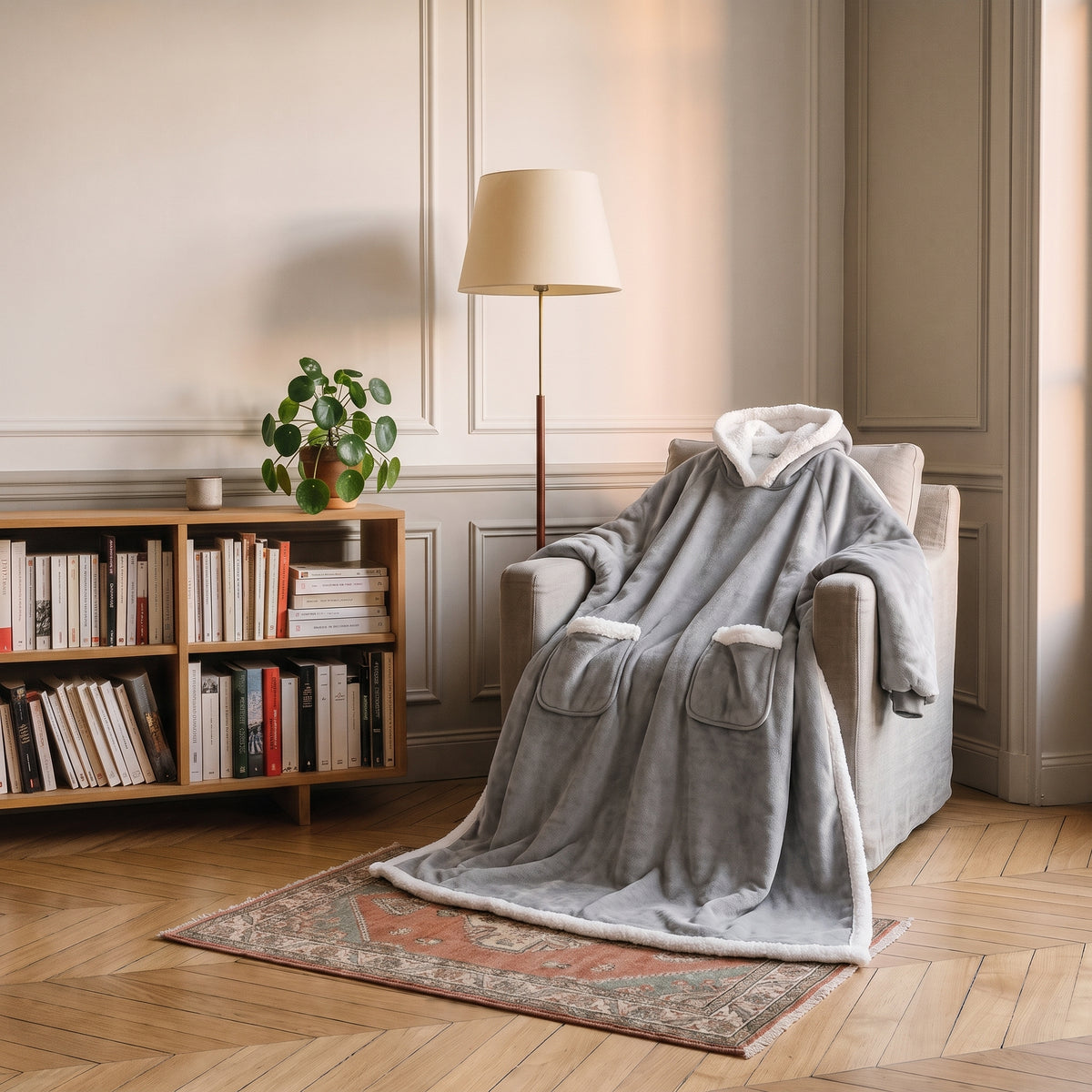 Plaid à manches long gris clair présenté sur le fauteuil