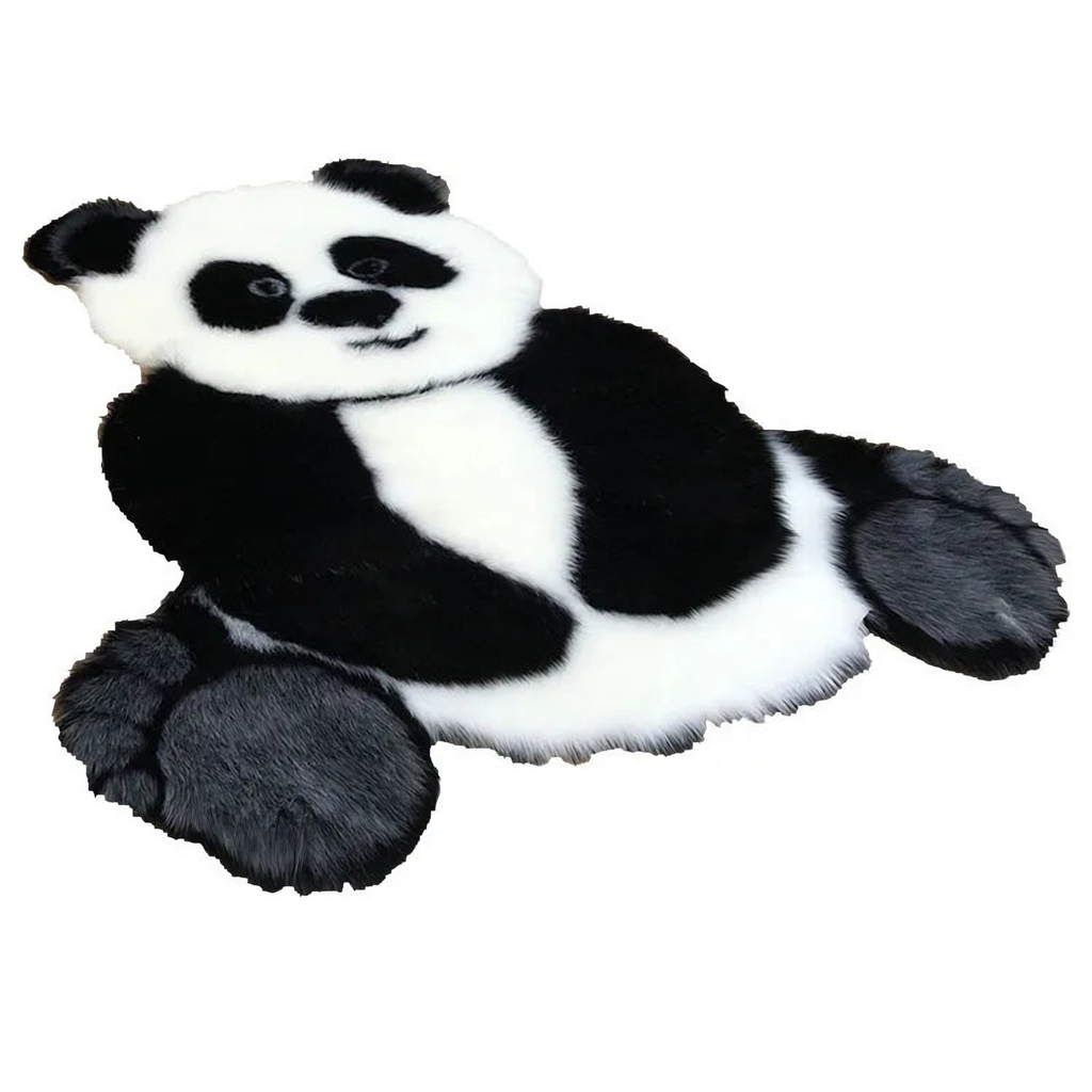 Vue complète du tapis panda noir, blanc et gris