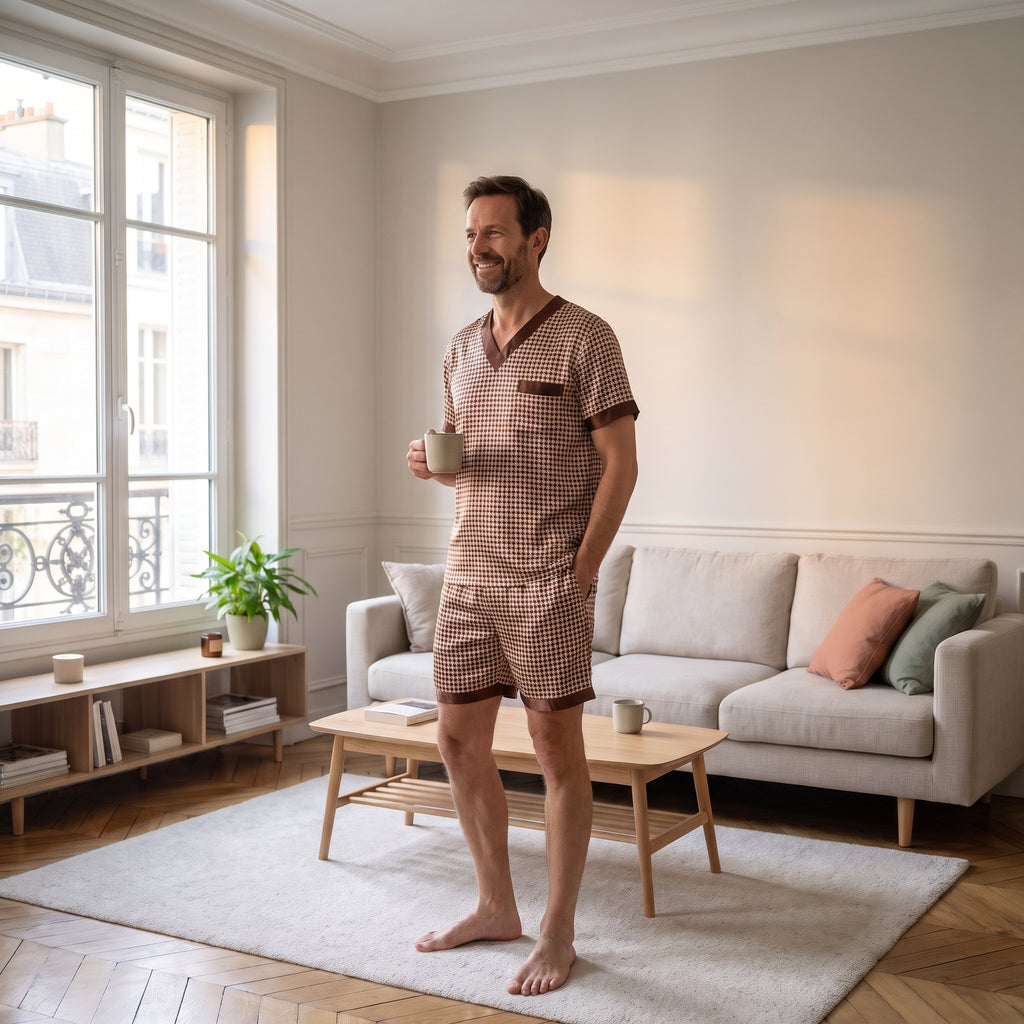 Homme en pyjama de satin pied-de-poule debout près de la fenêtre du salon, une tasse à la main