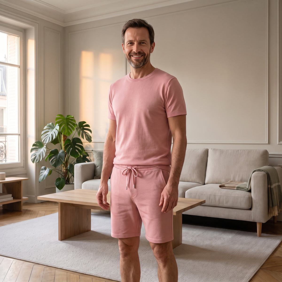 Ensemble d'été homme rose, t-shirt à col rond et short, porté dans un salon