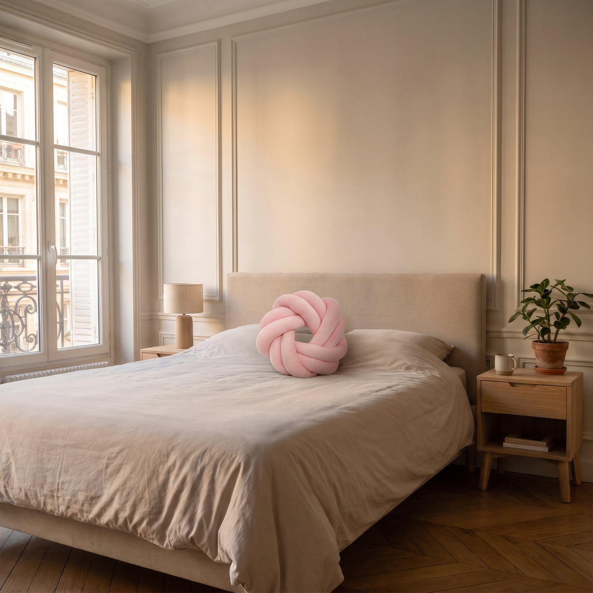 Coussin tressé donut rose devant les oreillers d'un lit fait