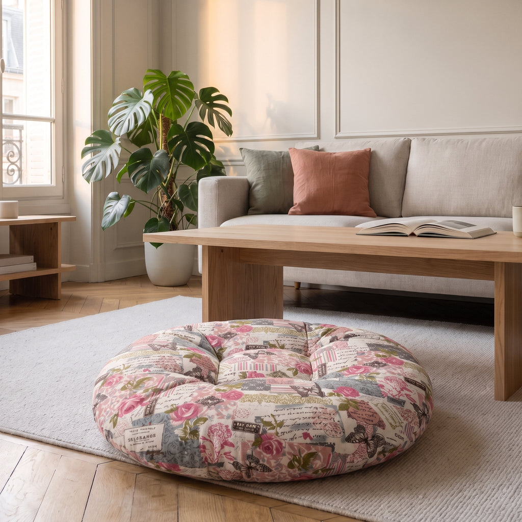 Coussin de sol rond imprimé roses et papillons, posé sur un tapis clair près d'un canapé