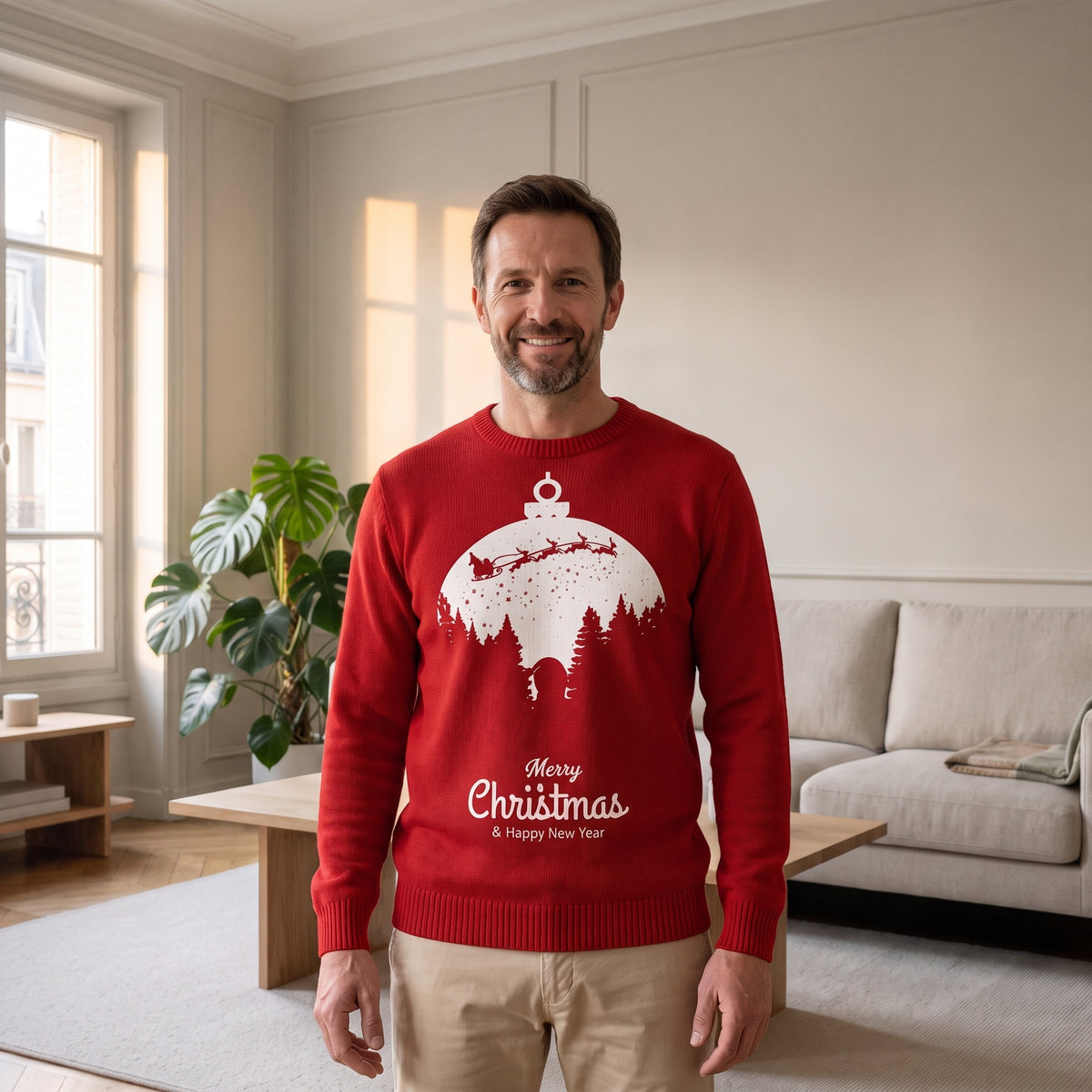 Pull de Noël homme rouge à boule de Noël porté en plan rapproché dans le salon