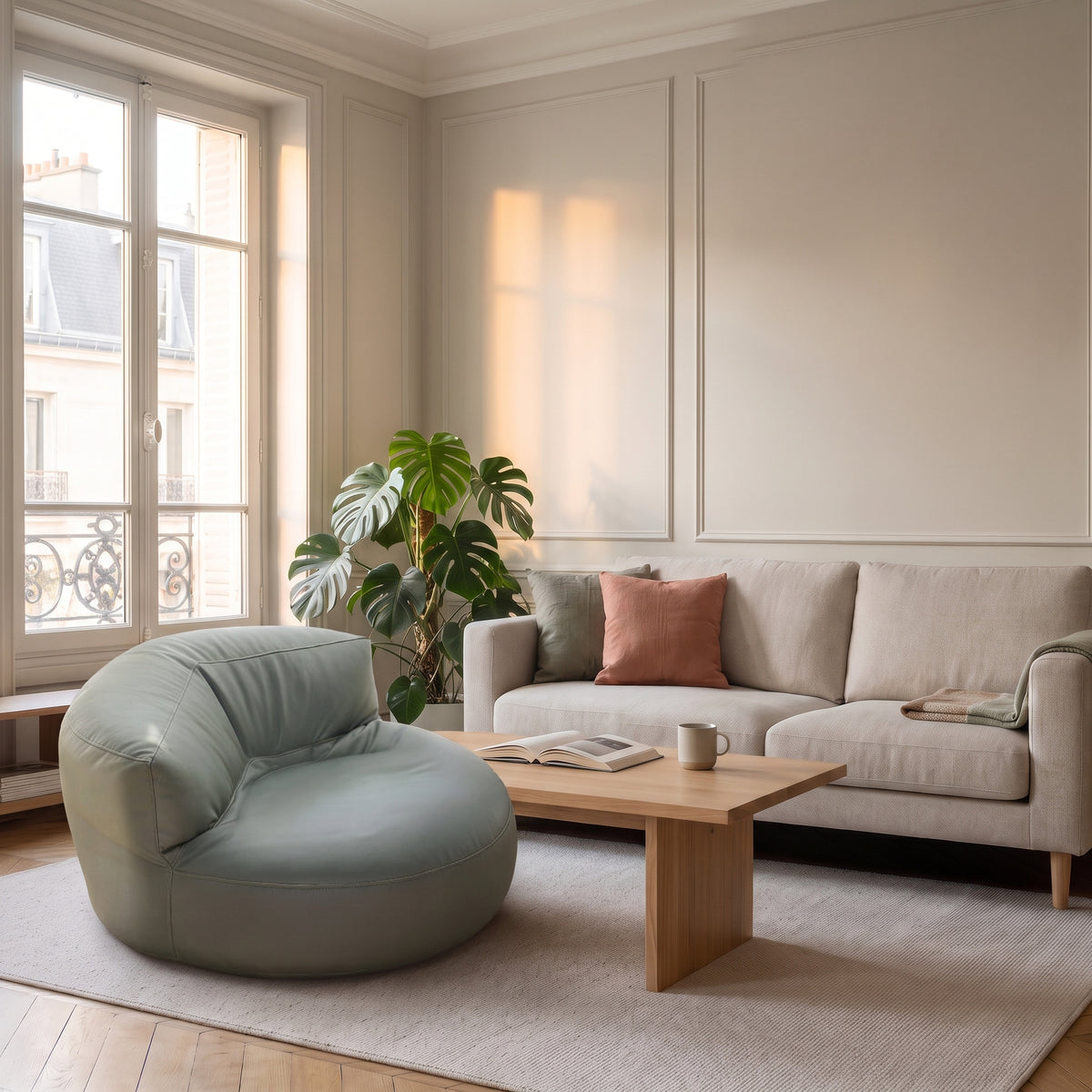 Pouf fauteuil en cuir synthétique posé sur un tapis dans un salon clair