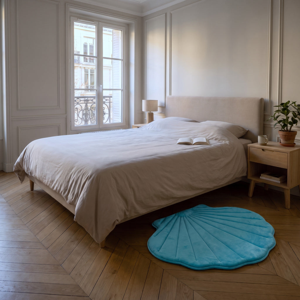 Tapis coquillage au sol dans une chambre, le long du lit et de la table de chevet
