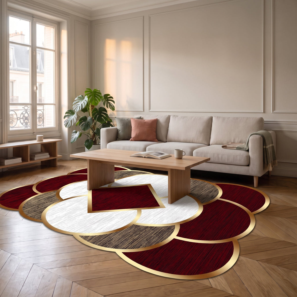 Tapis à pétales bordeaux entièrement visible dans le salon