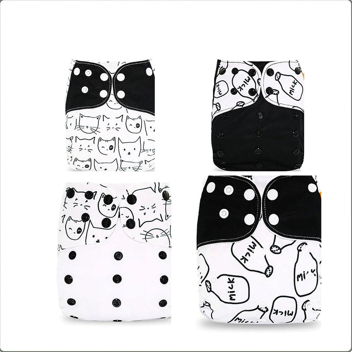 Lot de 4 couches lavables, assortiment noir et blanc a motifs de chats