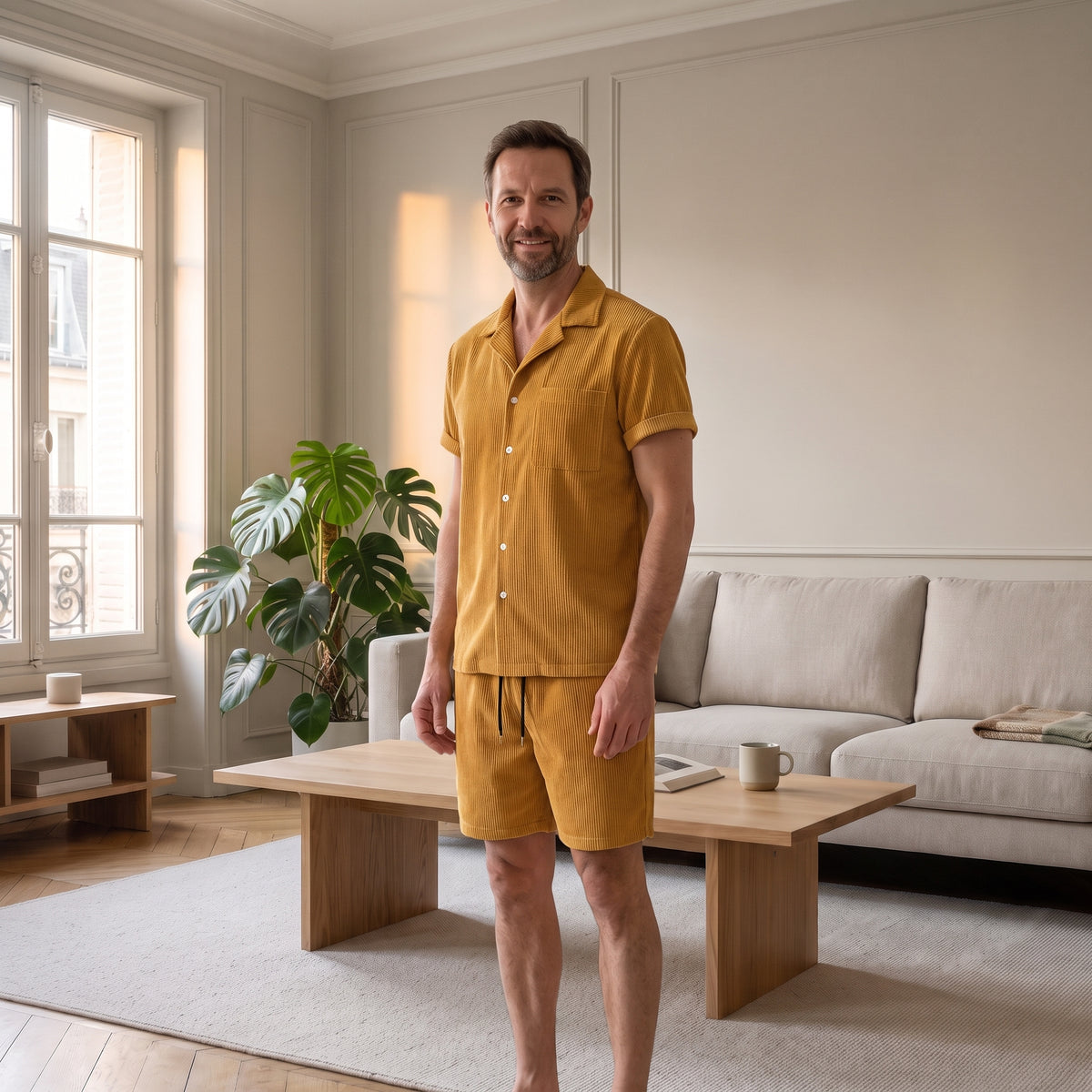 Ensemble velours côtelé jaune porté en pied
