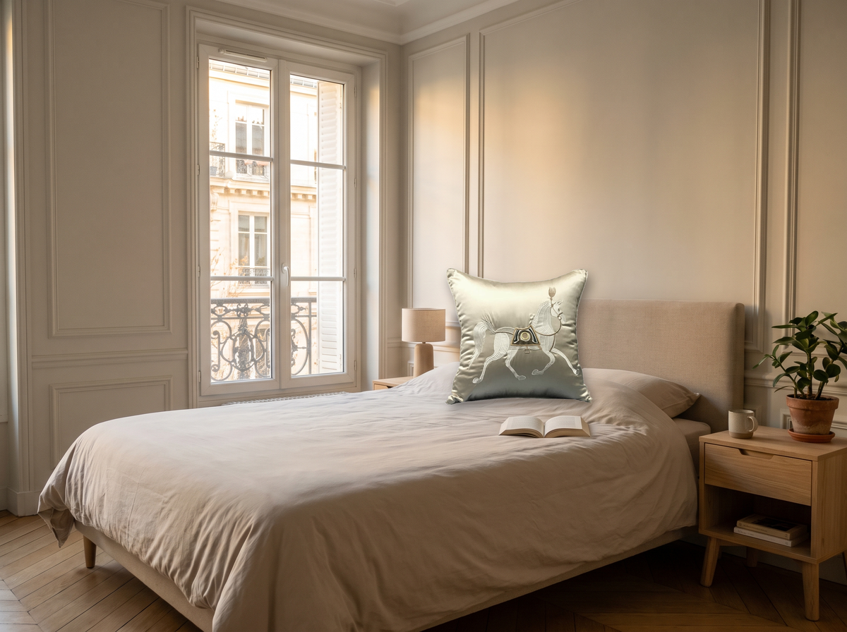 Coussin blanc au cheval oriental posé sur un lit fait