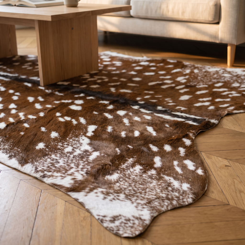 Détail du motif brun et blanc du tapis peau de cerf