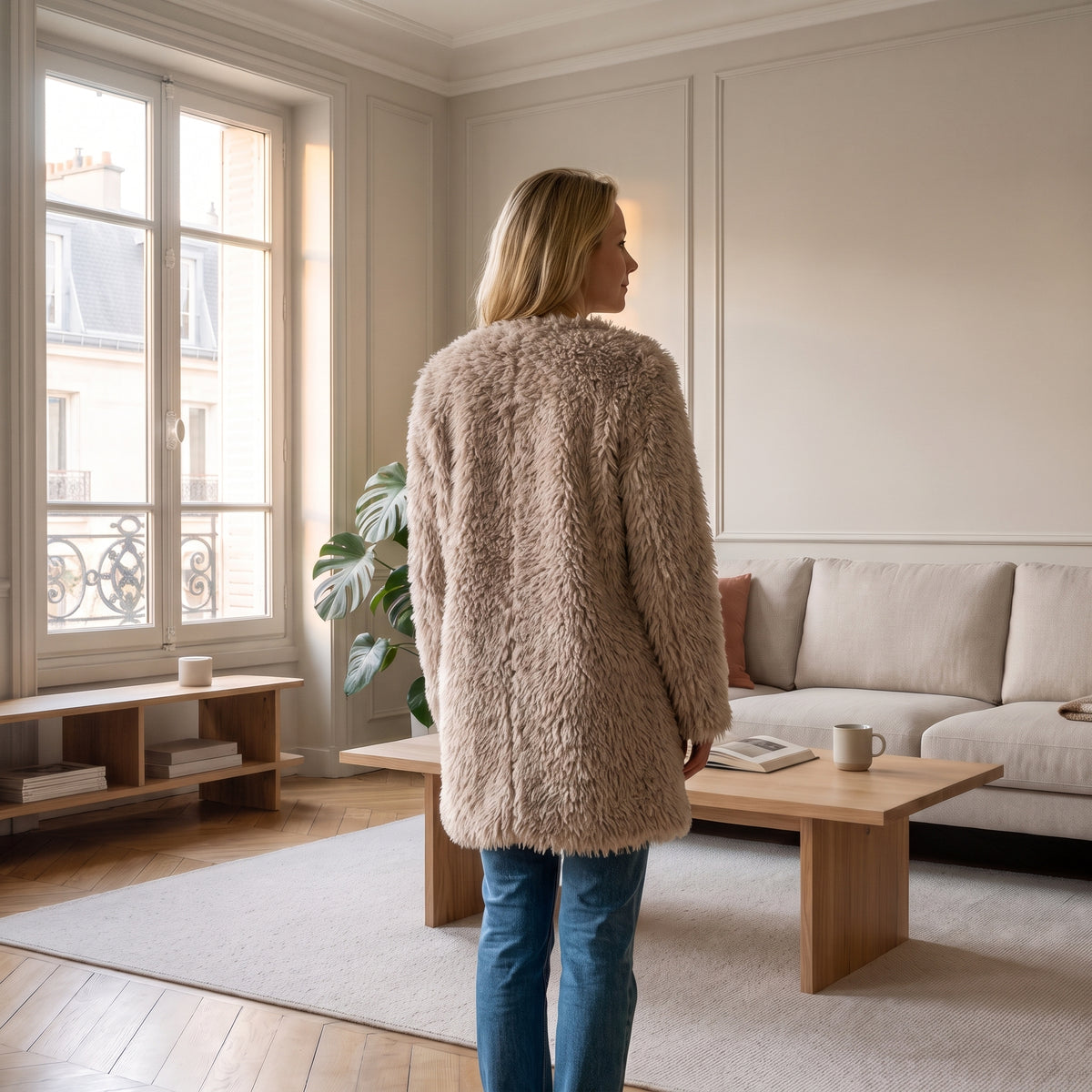 Dos du manteau mi-long beige à poils porté dans un salon clair