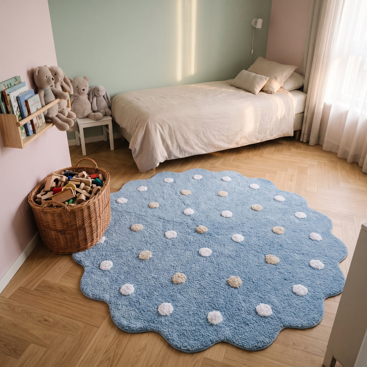 Tapis rond à pois de 120 cm au sol à côté d'un panier de jouets
