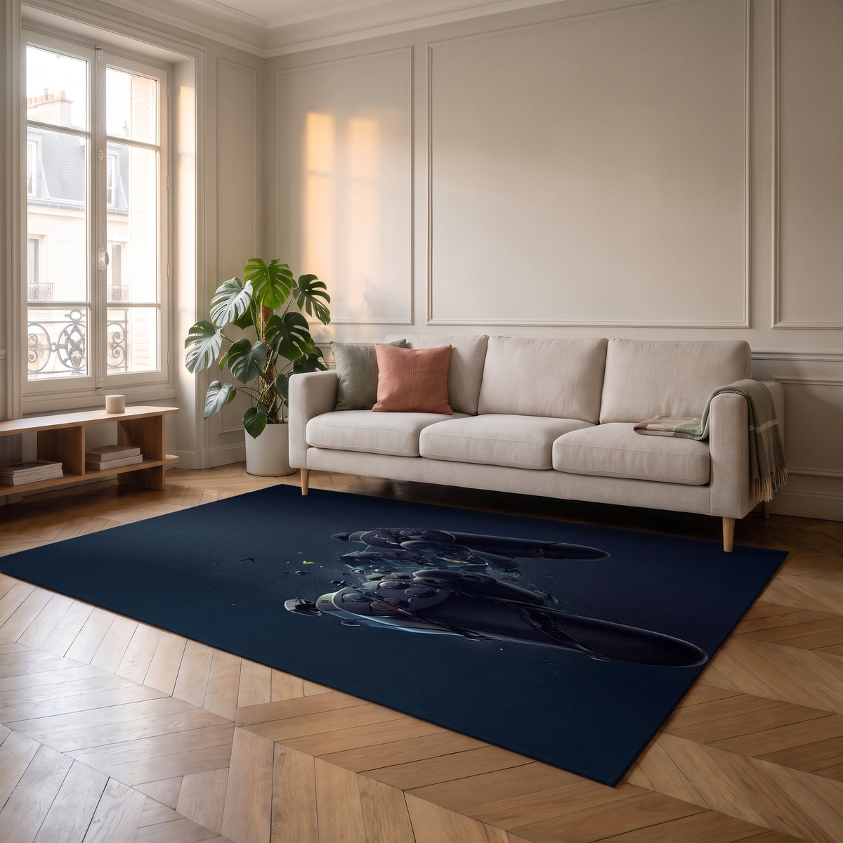 Tapis gaming bleu nuit à motif de manette fragmentée dans un salon