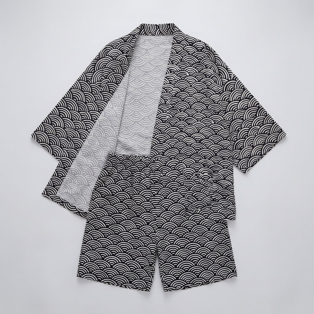 Ensemble pyjama kimono noir à plat, veste et short