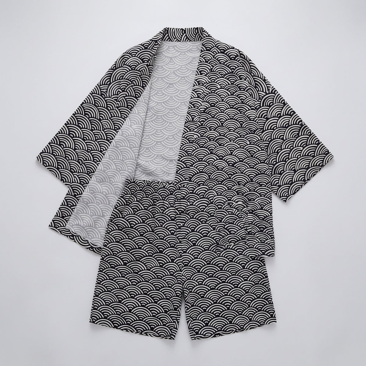 Ensemble pyjama kimono noir à plat, veste et short