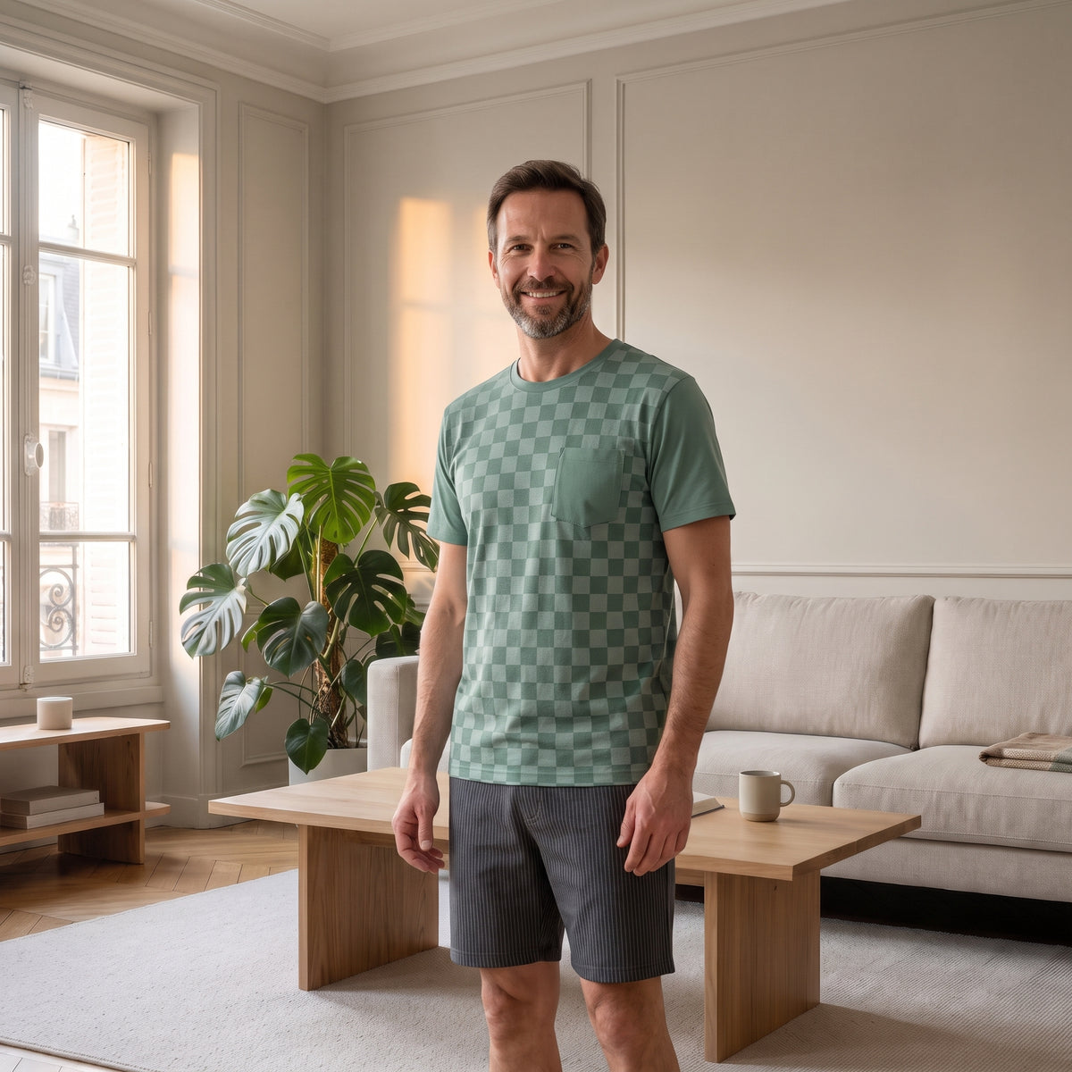 Pyjashort homme vert d’eau à damier porté dans le salon