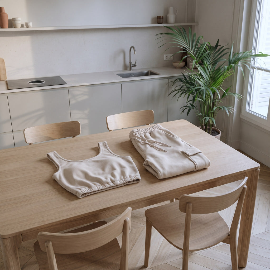 Débardeur et pantalon de l'ensemble beige posés pliés sur une table en bois