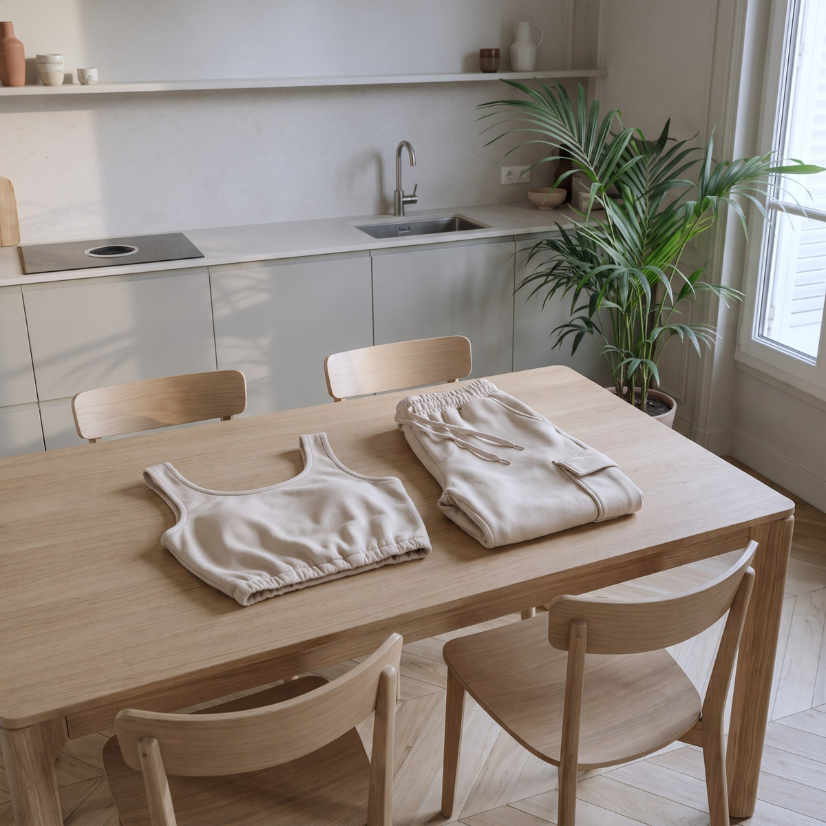 Débardeur et pantalon de l'ensemble beige posés pliés sur une table en bois
