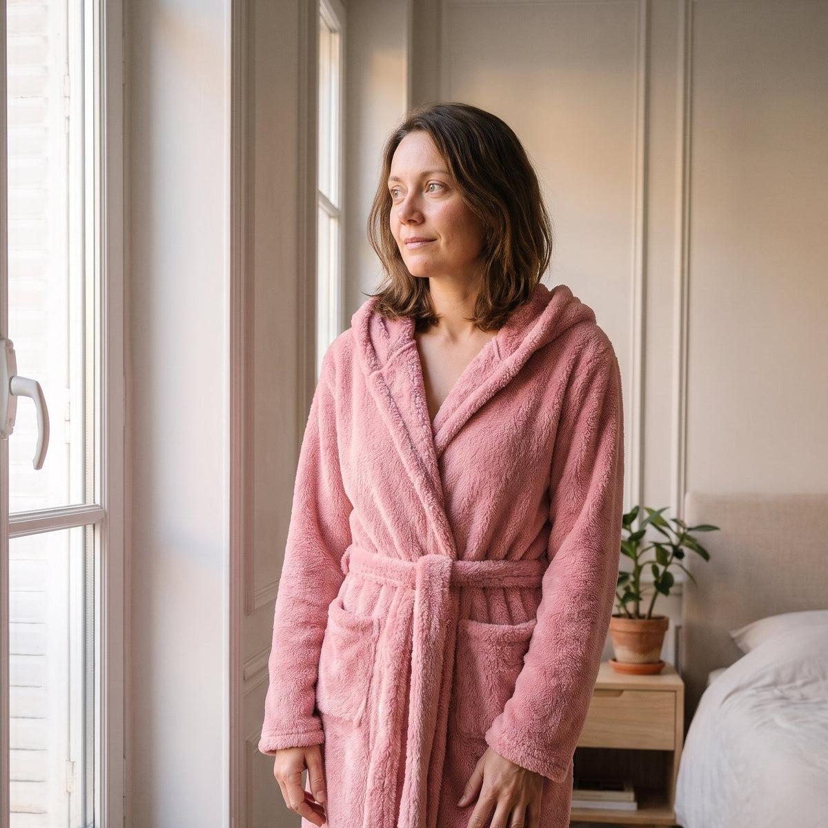 Femme du casting portant la robe de chambre courte rose à capuche dans la chambre