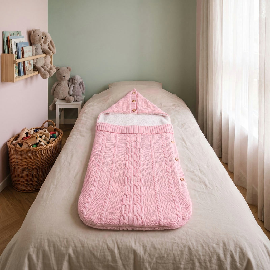 Gigoteuse bébé en tricot rose posée sur un lit d'enfant