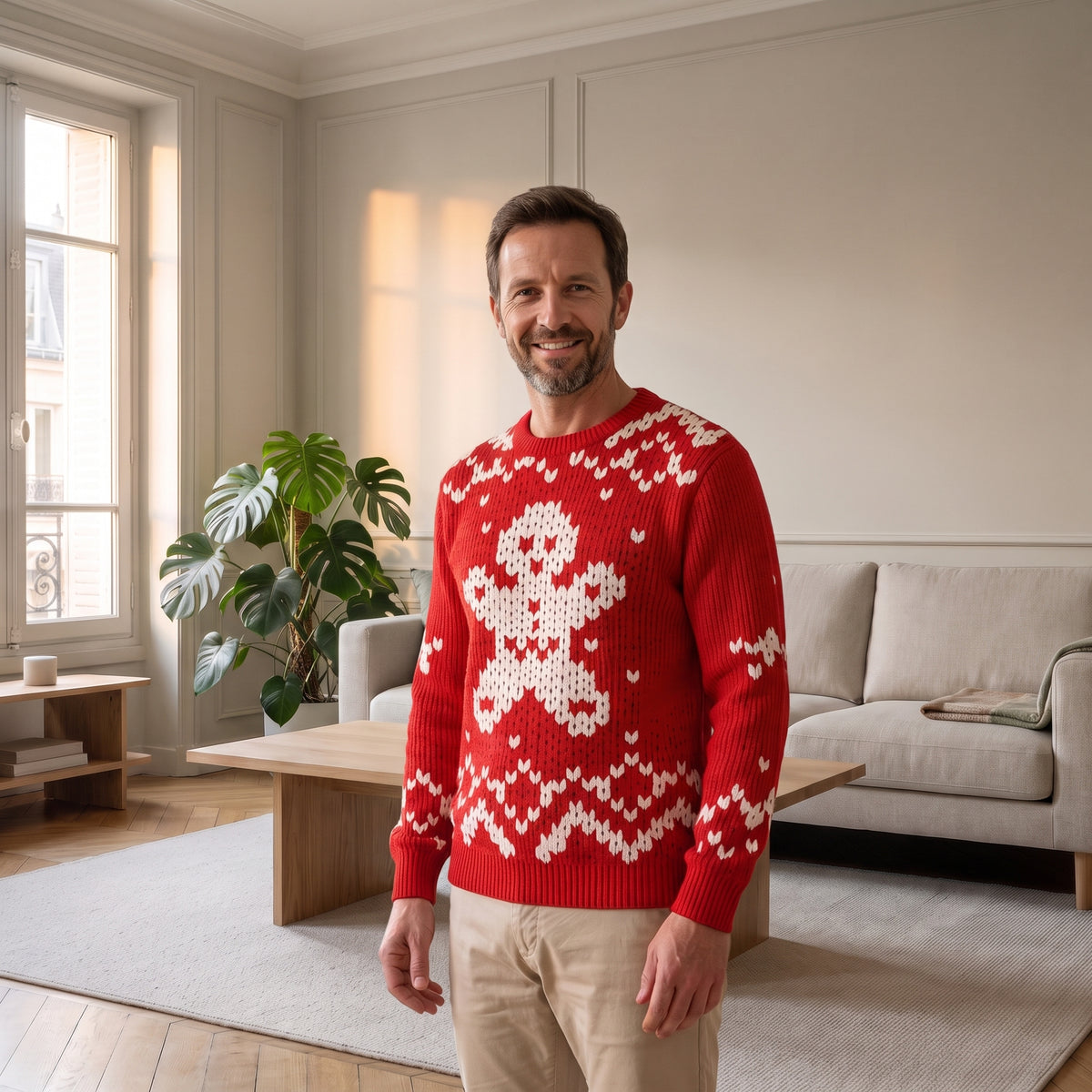 Pull de Noël homme rouge à bonhomme pain d’épices porté dans le salon