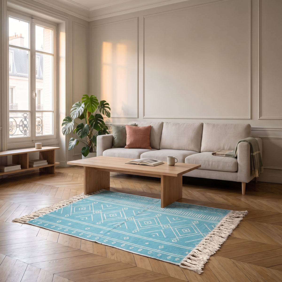 Tapis bohème vert clair dans un salon lumineux