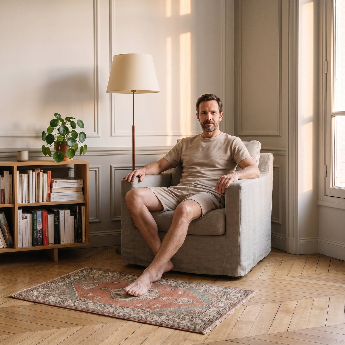 Homme assis dans un fauteuil de salon en ensemble d'été beige