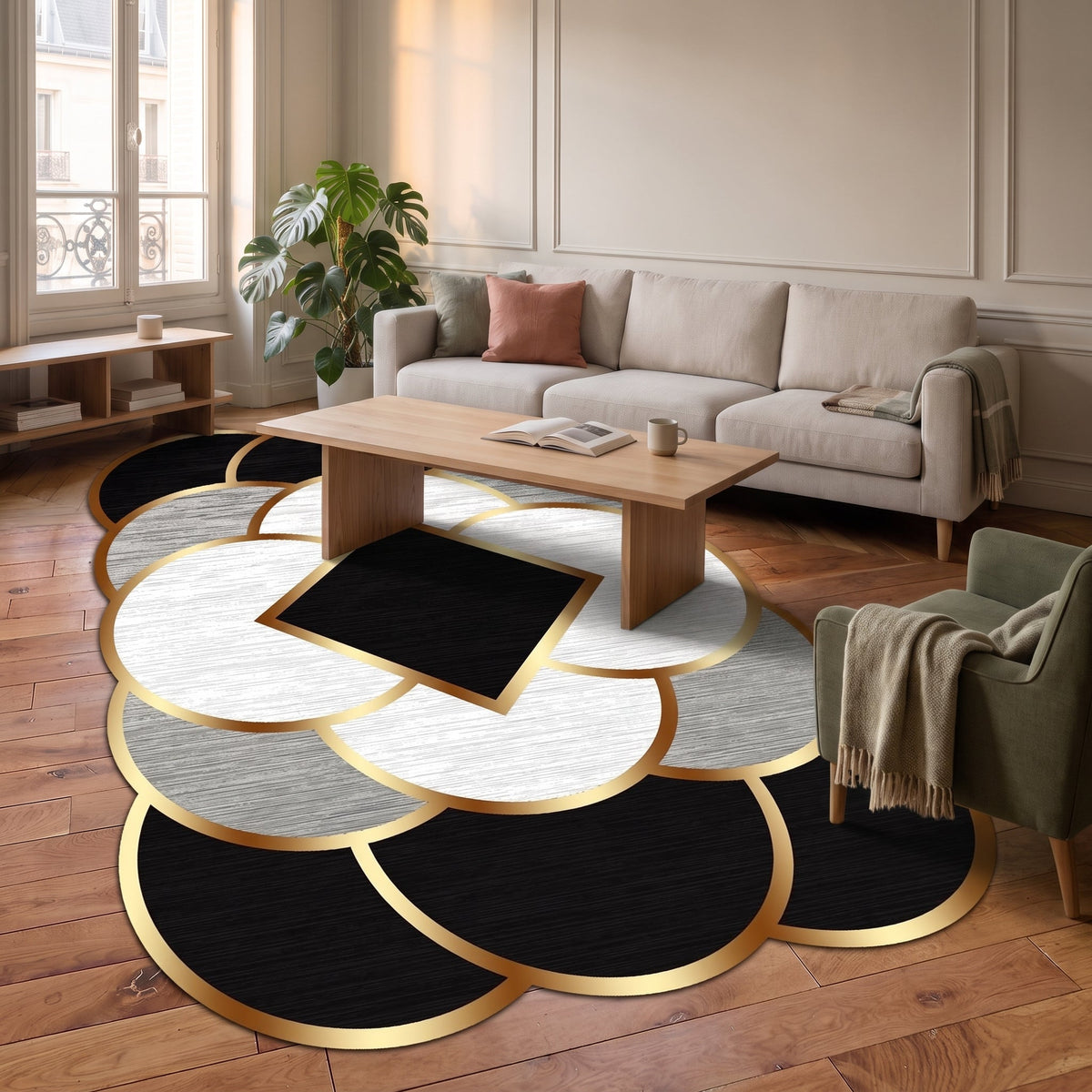 Tapis à pétales noir entièrement visible dans le salon