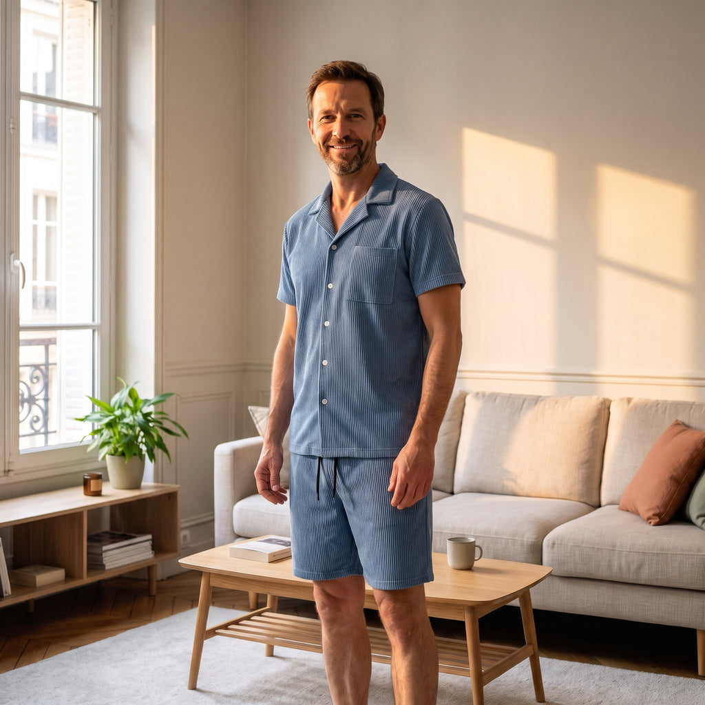 Ensemble velours côtelé bleu porté en pied