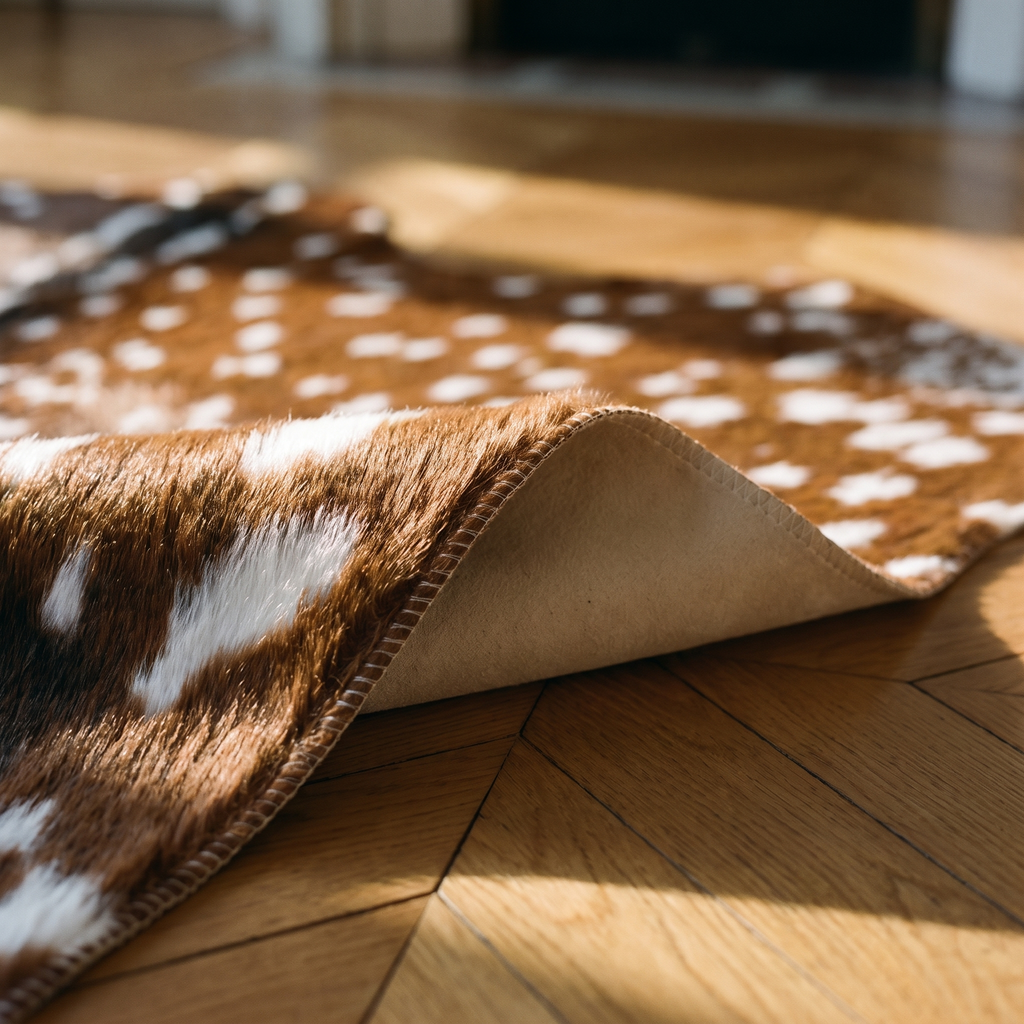 Détail du bord et du dos du tapis motif peau de cerf