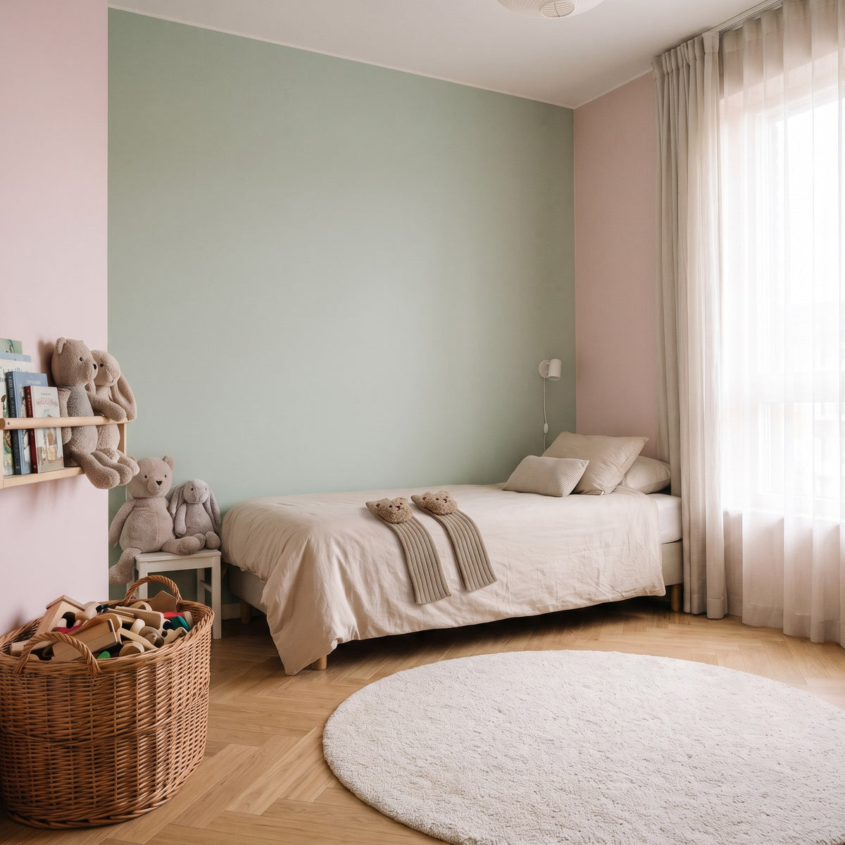 Les chaussettes montantes beige posées sur le lit d'une chambre de bébé
