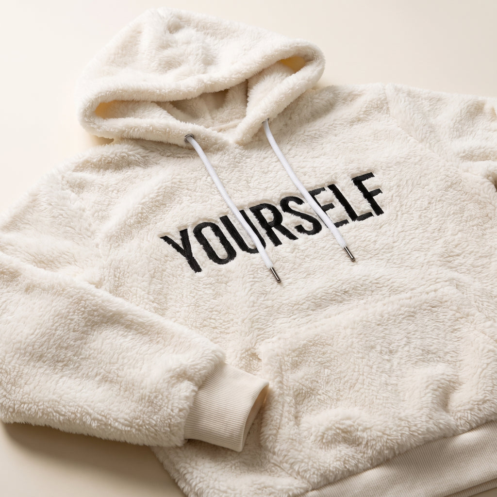 Détail du sweat à capuche peluche YOURSELF blanc
