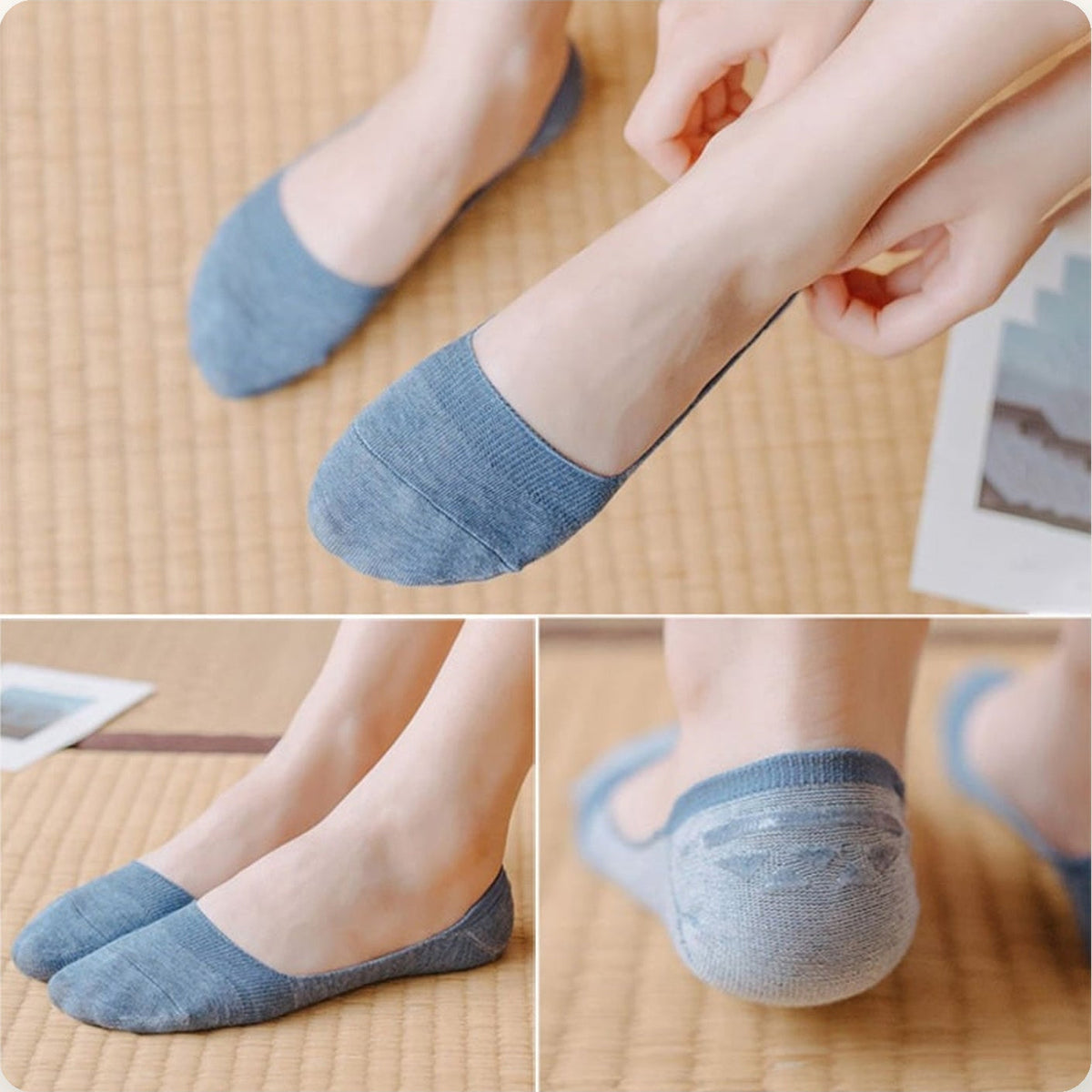 Chaussettes invisibles bleues portées avec détail du talon