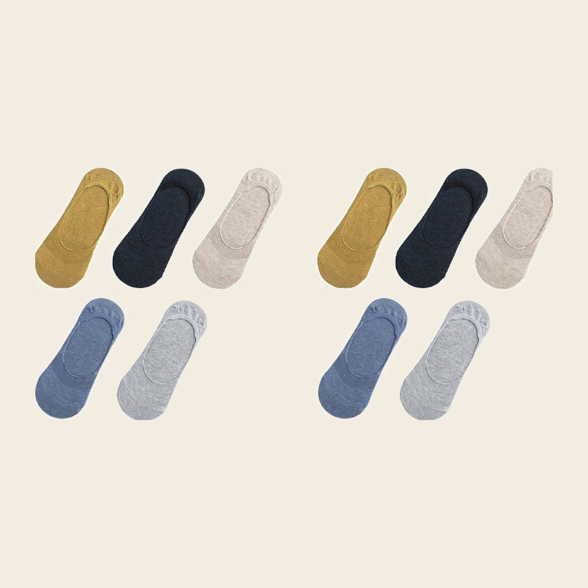 Lot de cinq paires de chaussettes invisibles, variante Jaune, gris foncé, crème, bleu et gris