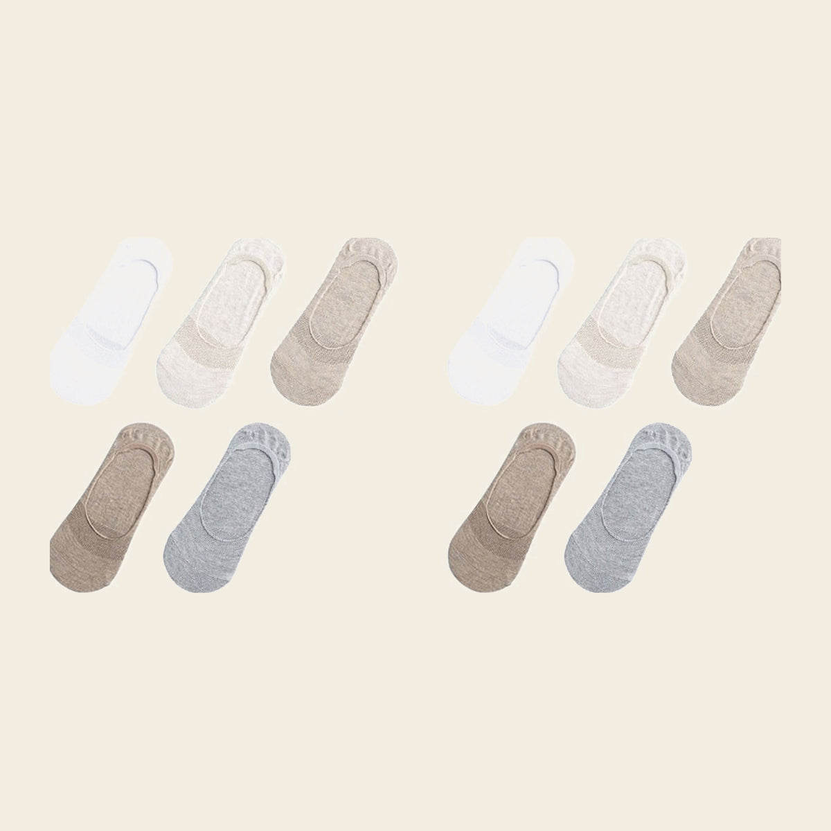 Lot de cinq paires de chaussettes invisibles, variante Blanc, crème, beige, marron et gris