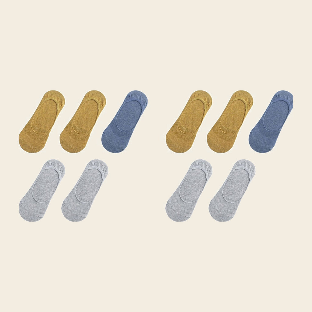 Lot de cinq paires de chaussettes invisibles, variante Jaune, bleu et gris