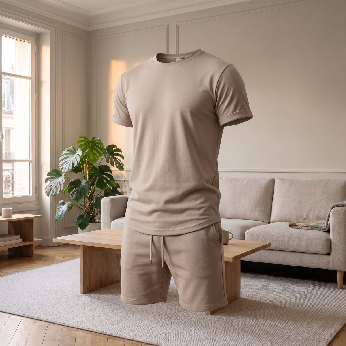 Ensemble d'été homme beige présenté sans personne, le haut et le short
