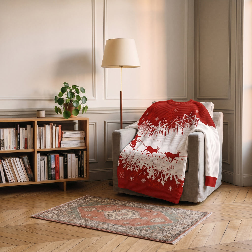 Pull de Noël homme rouge et blanc à traîneau posé sur un fauteuil de lecture, motif visible en entier
