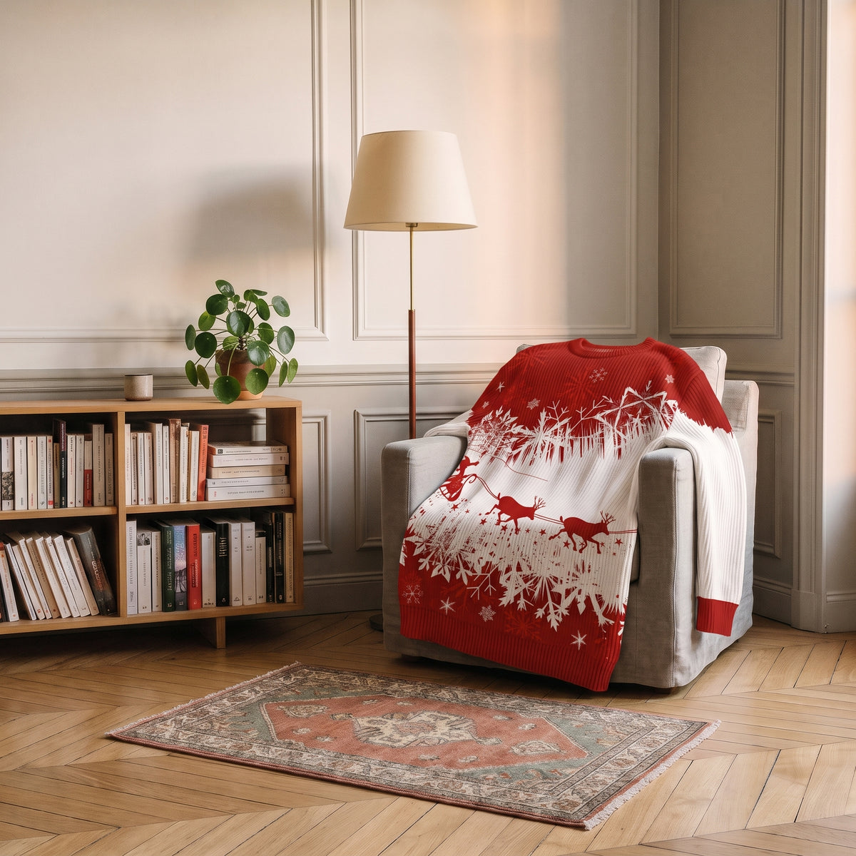 Pull de Noël homme rouge et blanc à traîneau posé sur un fauteuil de lecture, motif visible en entier