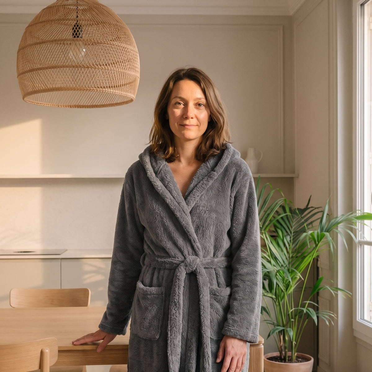 Robe de chambre courte grise à capuche portée près de la table