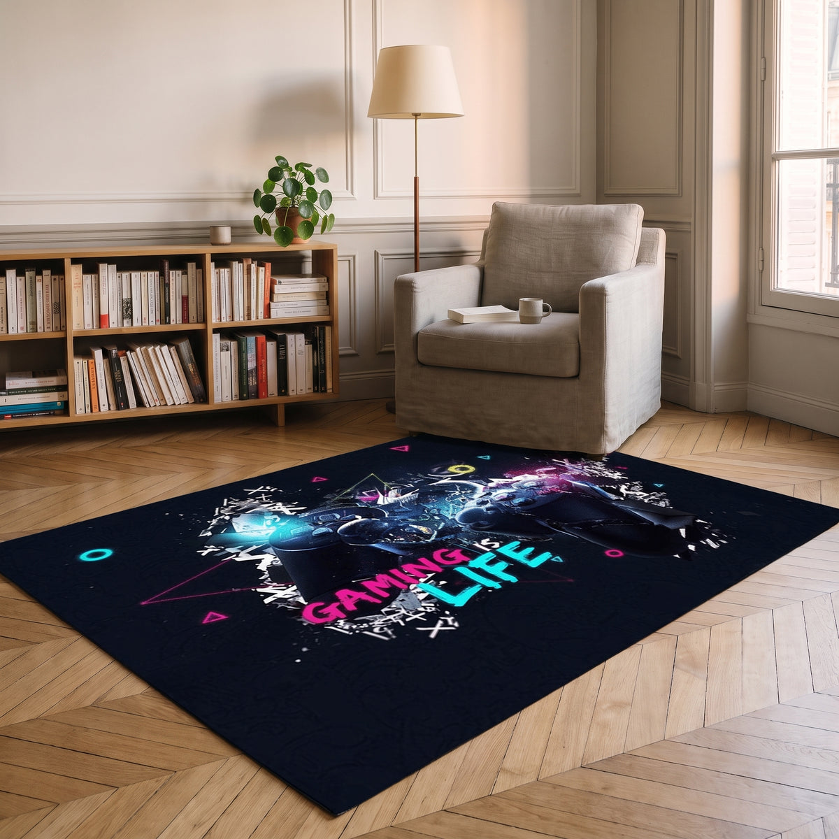 Tapis gaming noir à inscription Gaming Is Life dans un coin lecture