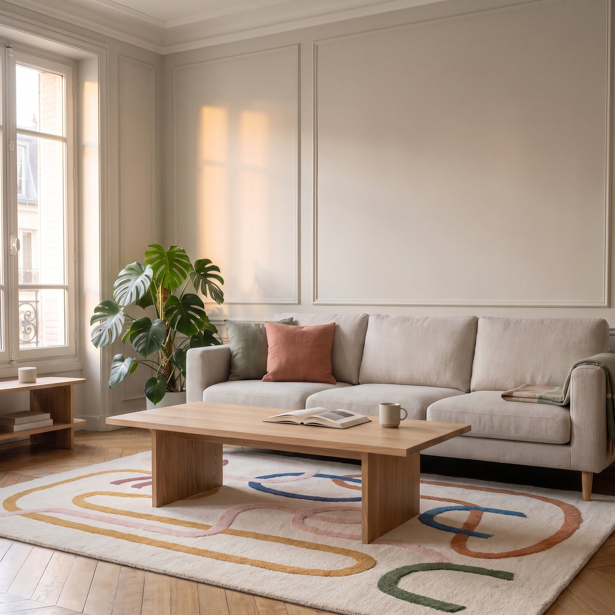 Tapis à lignes colorées montrant son échelle dans un salon