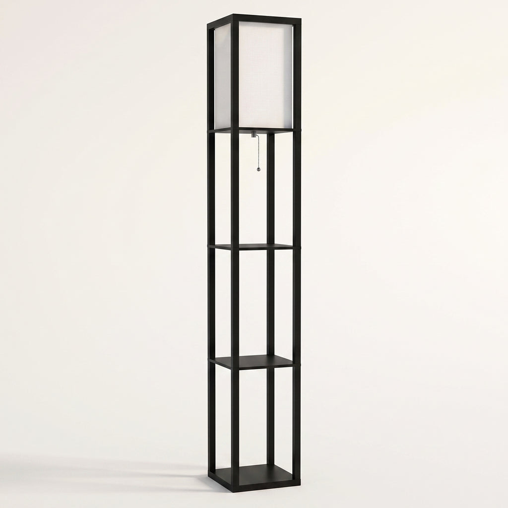 Lampadaire étagère noir complet vu de face sur fond blanc cassé