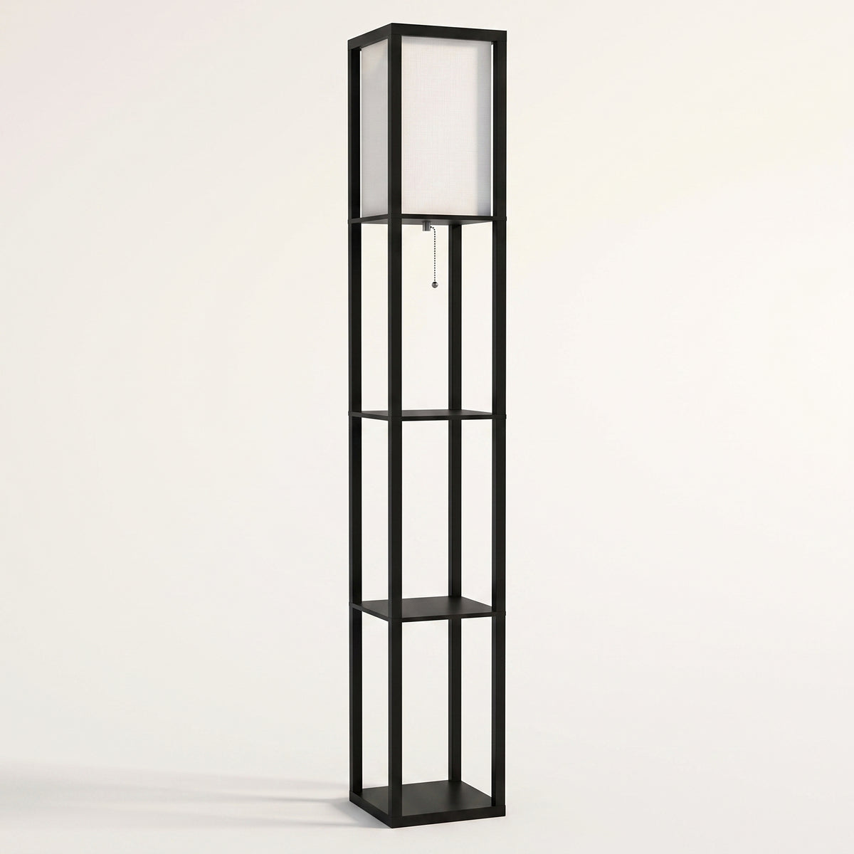 Lampadaire étagère noir complet vu de face sur fond blanc cassé