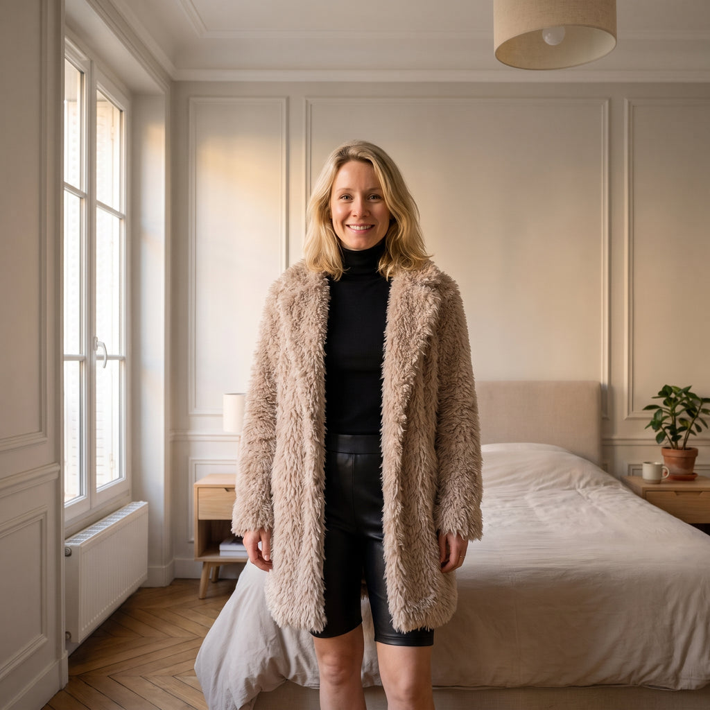 Manteau mi-long beige à poils porté de face dans une chambre claire
