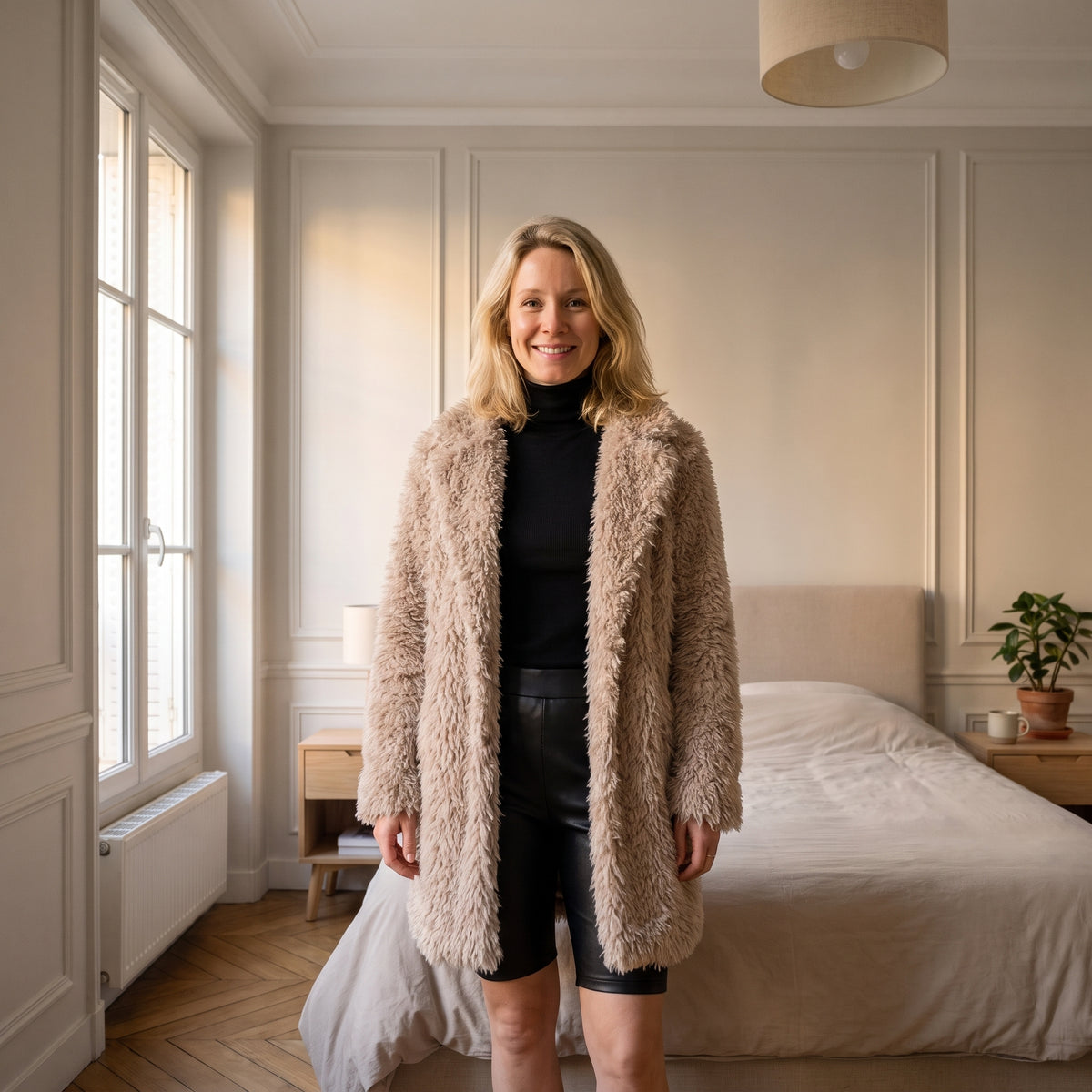 Manteau mi-long beige à poils porté de face dans une chambre claire