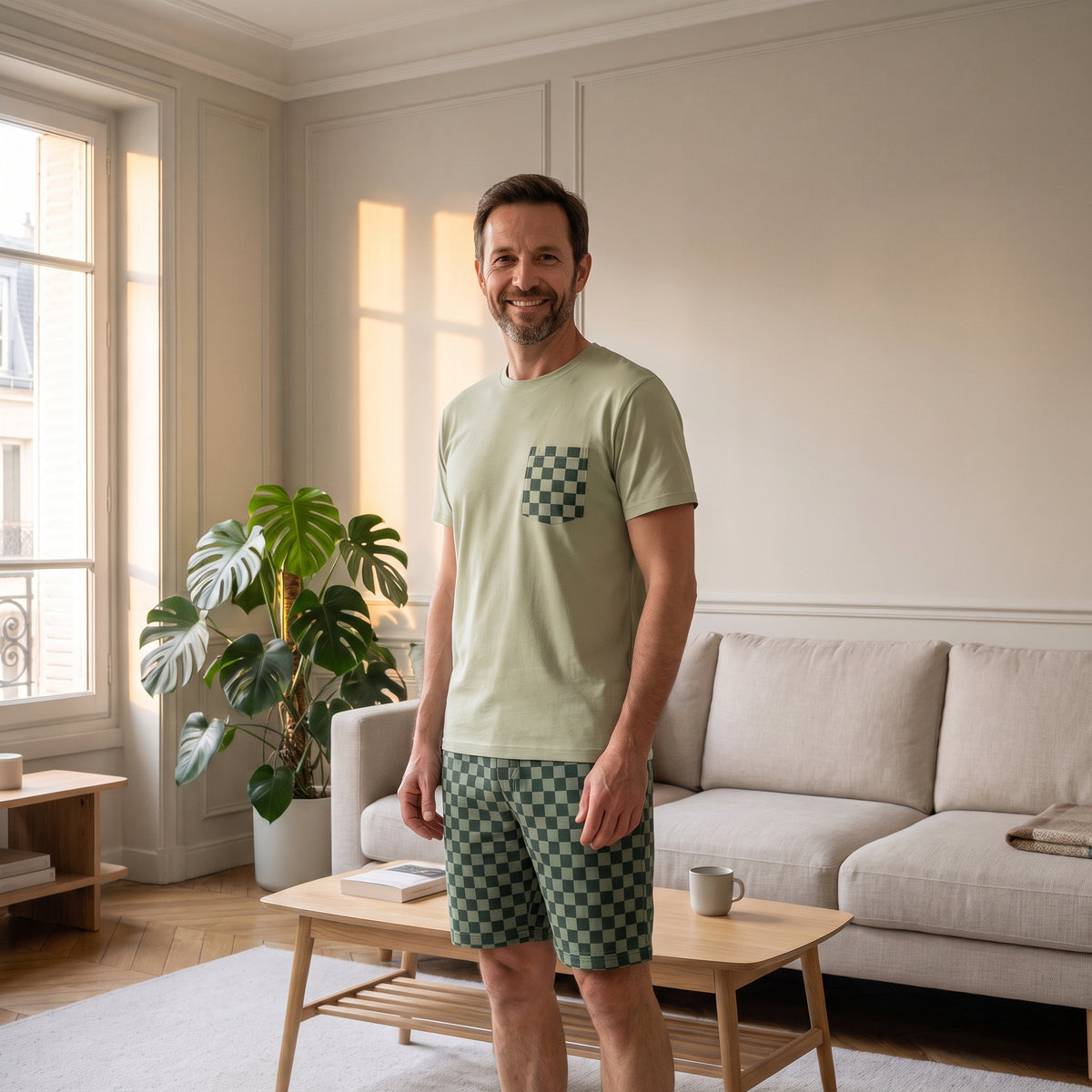 Pyjashort homme vert amande à rayures porté dans le salon