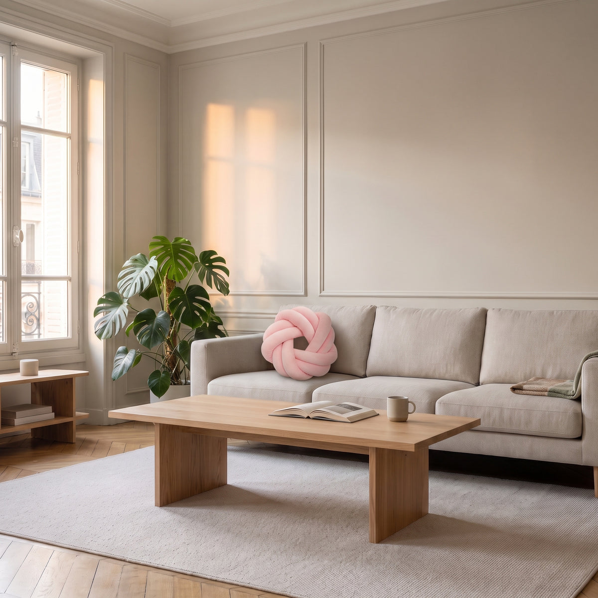 Coussin tressé donut rose au centre d'un canapé clair